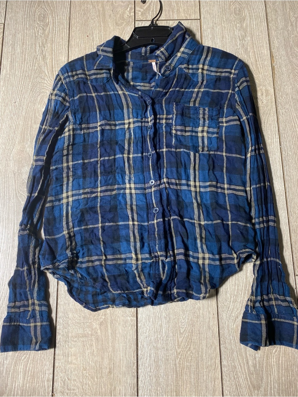 Free People Blue Plaid Gauze Flannel Button Down Shirt Medium Fall Winter